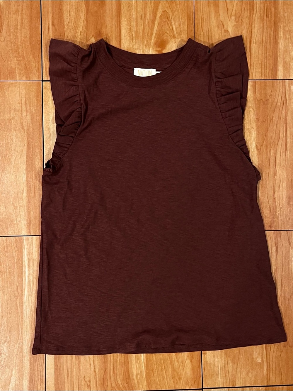 Nation LTD Brown Pima Cotton Ruffle Sleeve Tee Top Medium Made in Peru - Picture 2 of 5